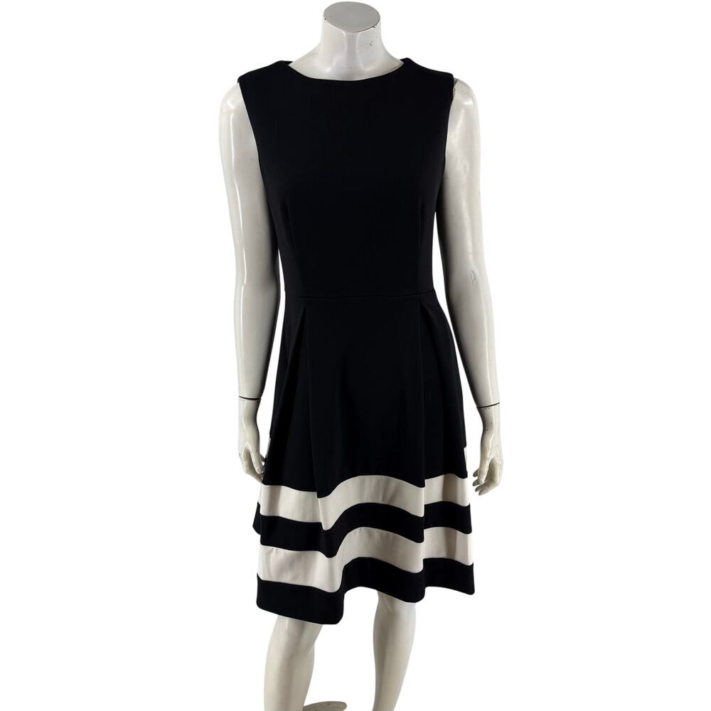 Calvin Klein Fit Flare Dress Size 12 Black White Striped Pleated Sleeveless